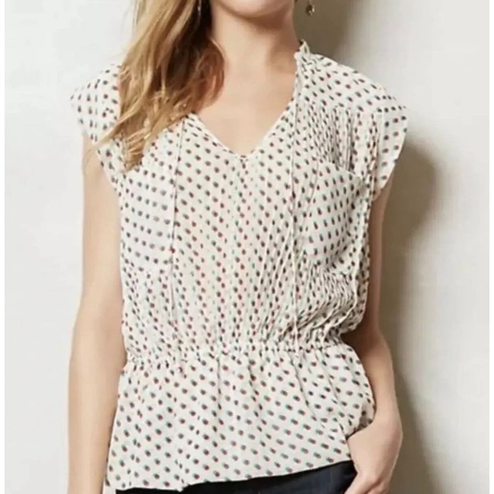 Isani Anthropologie Pleated Gathered Waist Polka Dot Top Size 6 | 44-30